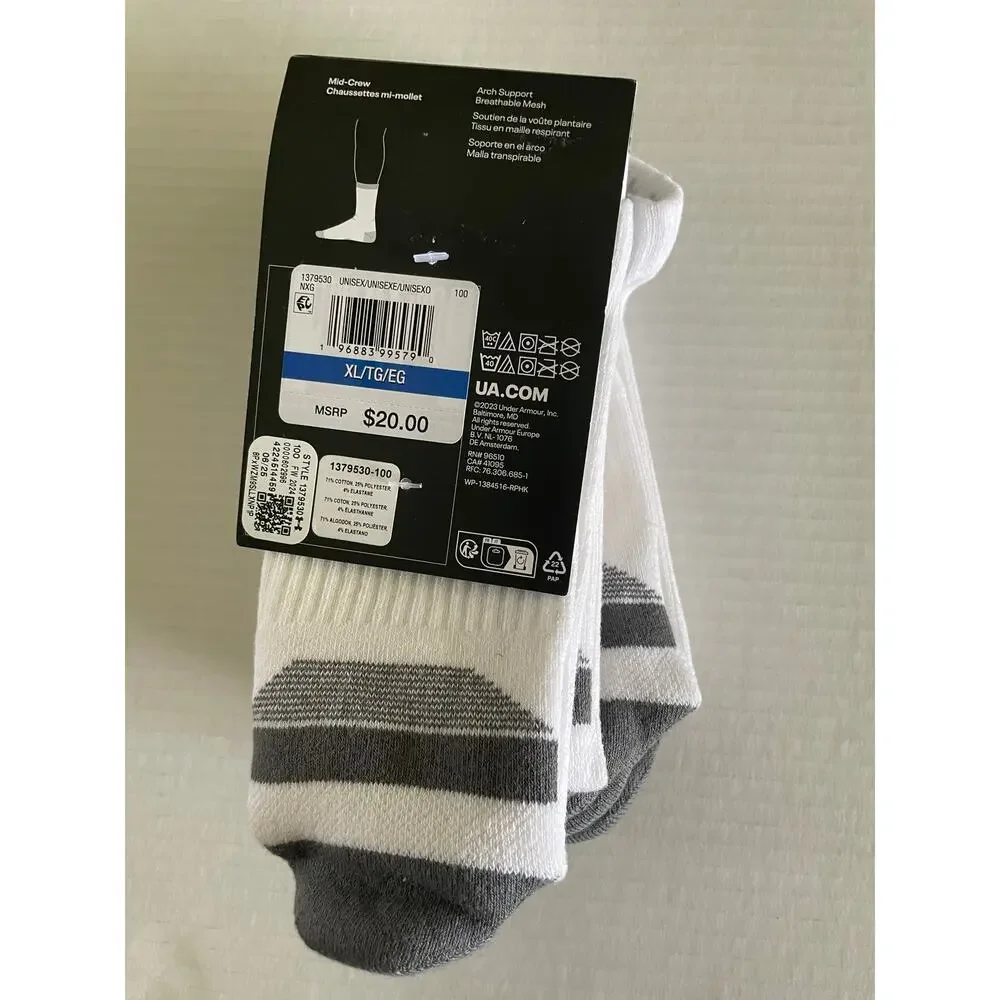 3 Pair Under Armour Cotton Mid Crew Athletic White Socks Size XL NEW